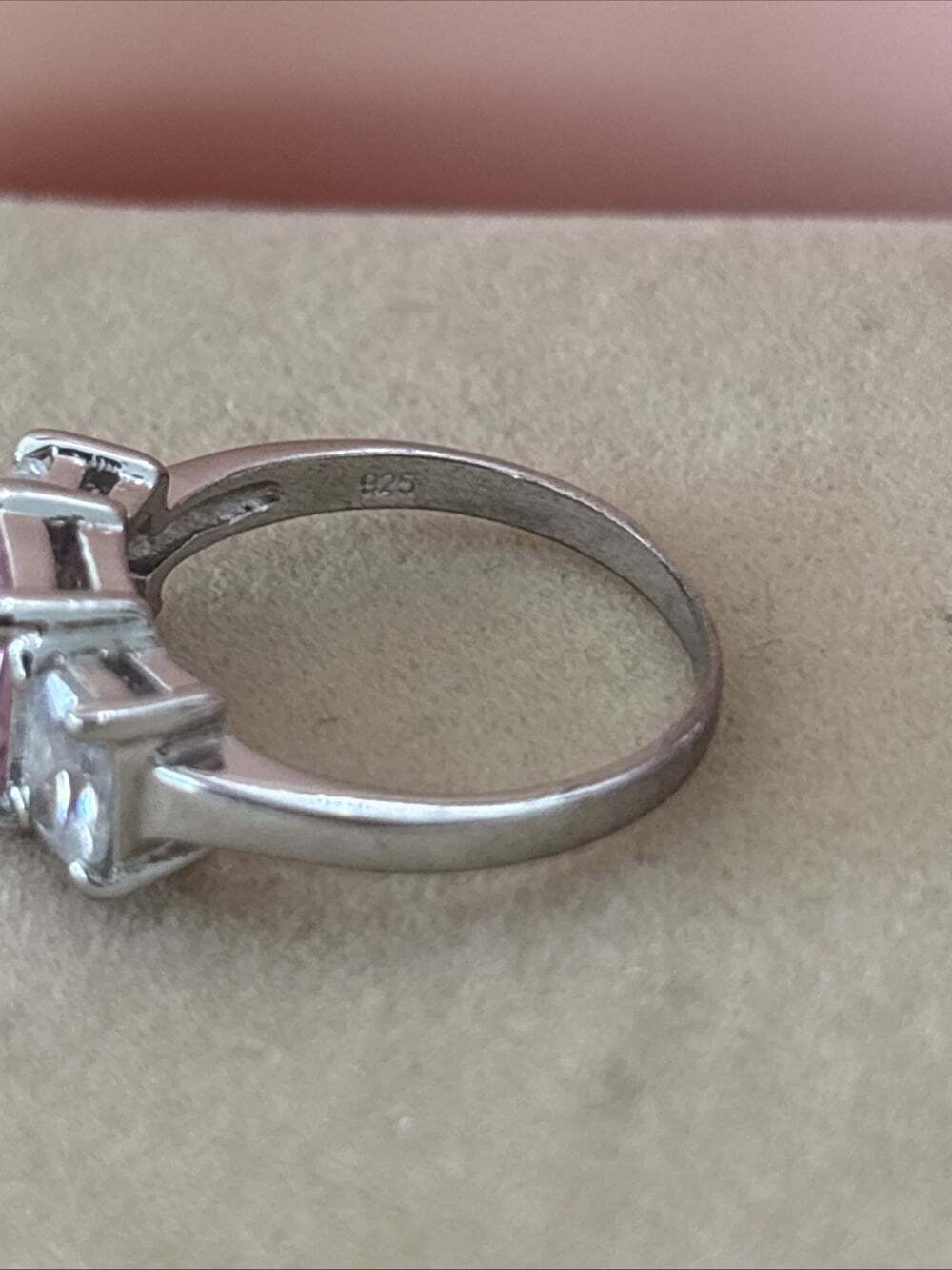 Sterling Silver Three-Stone Pink Center Ring - Elegant Pink Accent - Picture 6 of 13